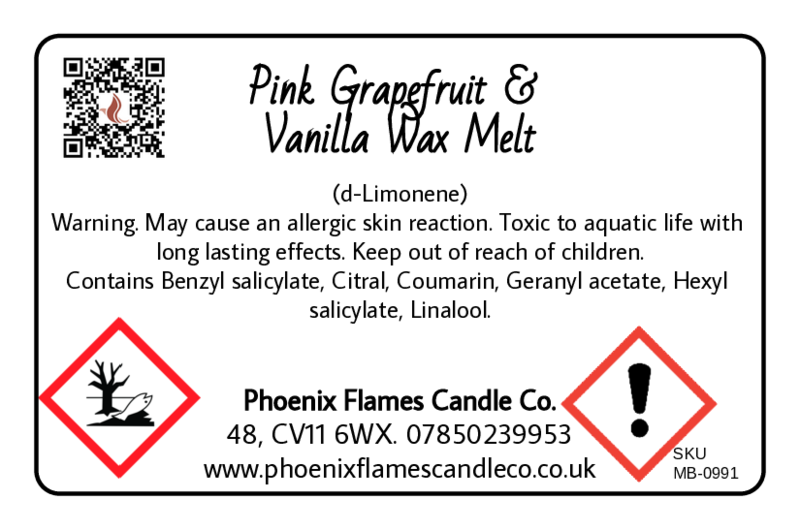 Label for Pink Grapefruit & Vanilla Wax Melt from Phoenix Flames Candle Co. with warning symbols and contact information.