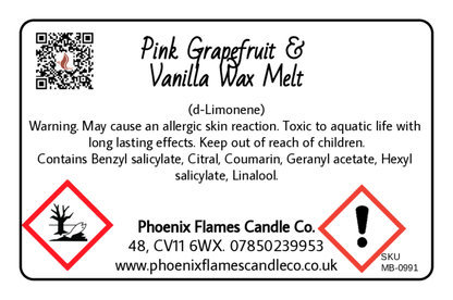 Label for Pink Grapefruit & Vanilla Wax Melt from Phoenix Flames Candle Co. with warning symbols and contact information.