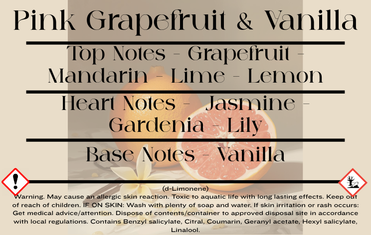 Pink Grapefruit & Vanilla scent notes and wax melt/candle CLP information