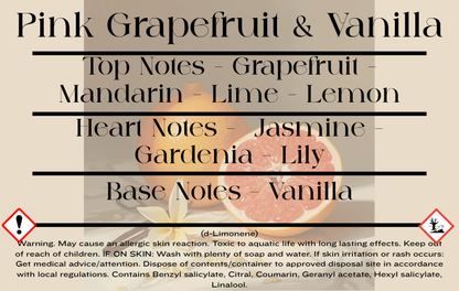Pink Grapefruit & Vanilla scent notes and wax melt/candle CLP information