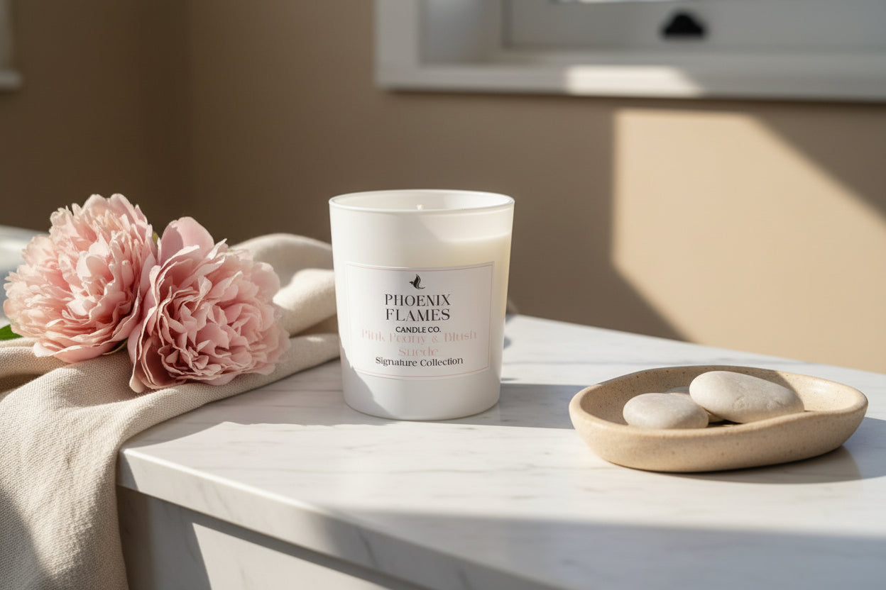 Pink Peony & Blush Suede Candle in a white container with 'Phoenix Flames' branding on a white surface
