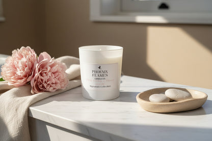 Pink Peony & Blush Suede Candle in a white container with 'Phoenix Flames' branding on a white surface