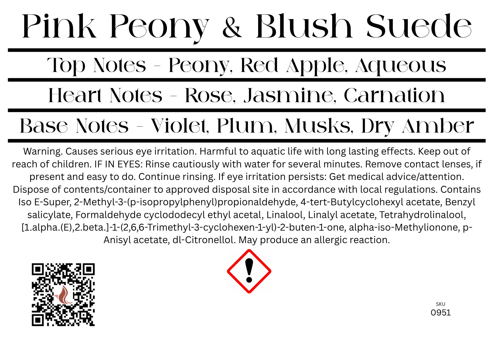 Product label with fragrance notes and warnings on a white background
