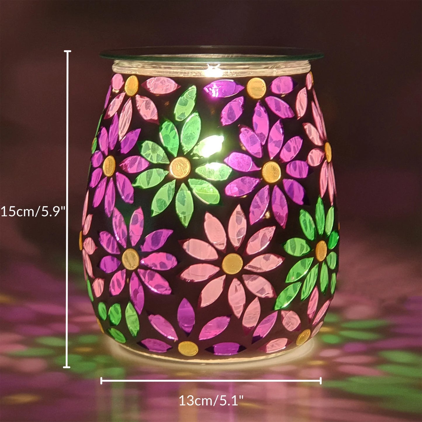 Decorative lamp with colorful floral pattern and measurements on a dark background