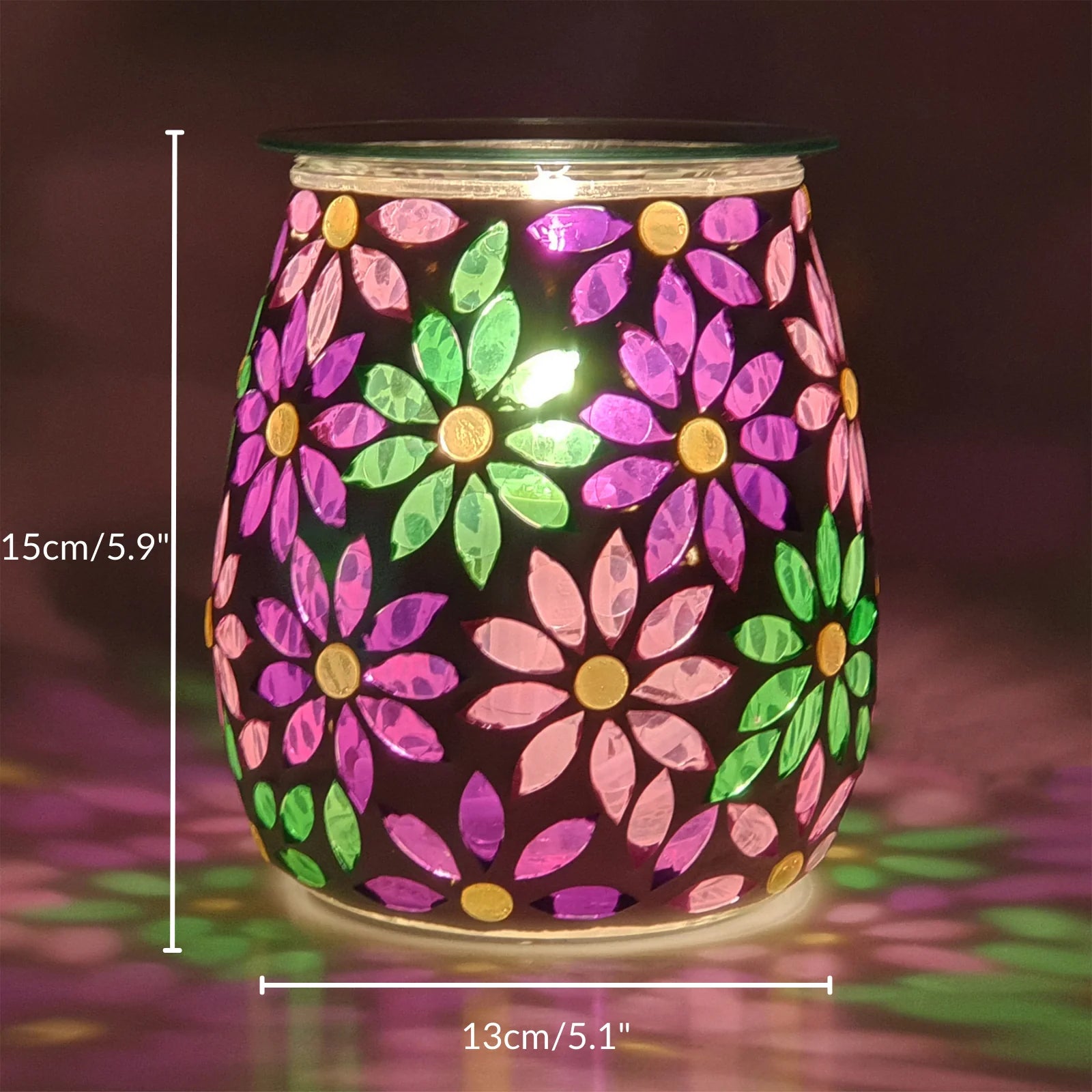 Decorative lamp with colorful floral pattern and measurements on a dark background