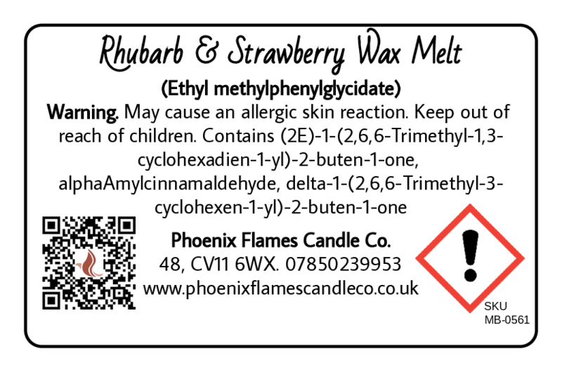 Label for Rhubarb & Strawberry Wax Melt with warning text and contact information.