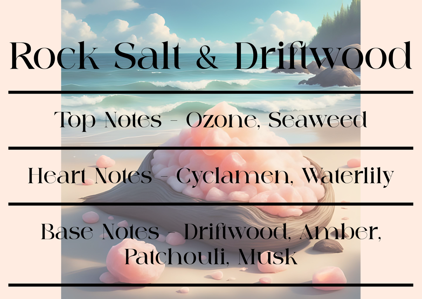 Scent description card for 'Rock Salt & Driftwood' with beach background