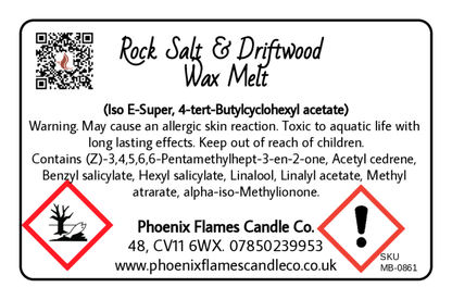 Label for Rock Salt & Driftwood Wax Melt with warning symbols and contact information.