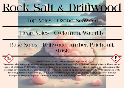 Product packaging with text detailing top, heart, and base notes, and and CLP information