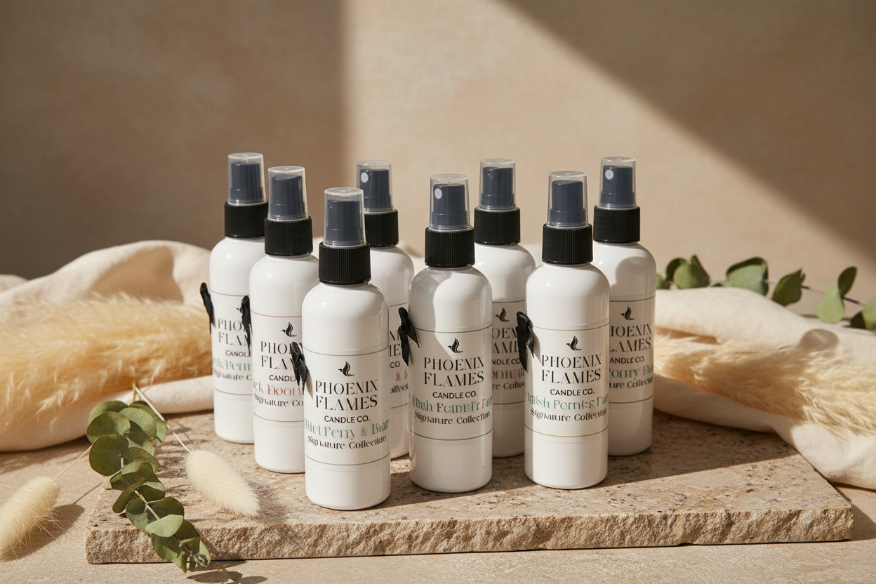 Multiple bottles of Phoenix Flames Candle Co room and linen mist sprays