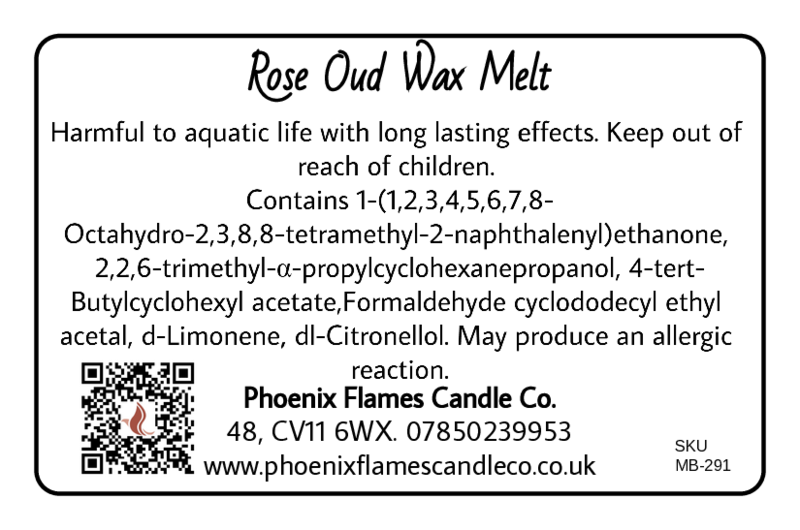 Label for Rose Oud Wax Melt with product details and safety information.