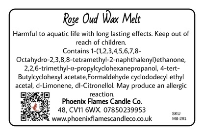 Label for Rose Oud Wax Melt with product details and safety information.