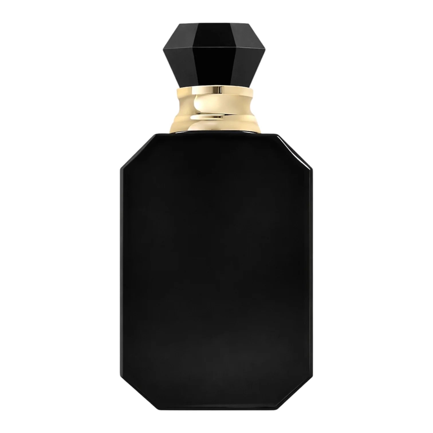Black perfume bottle with a gold cap on a white background
