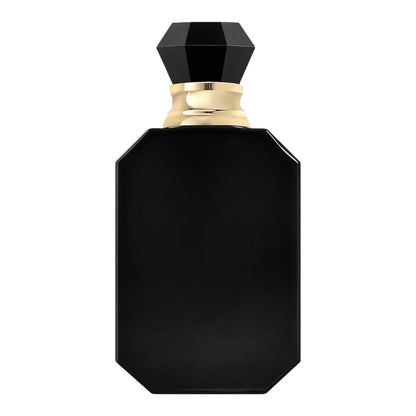 Black perfume bottle with a gold cap on a white background