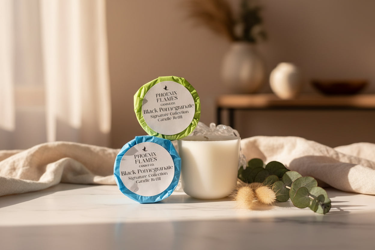 Two candle refills with labels and a white candle on a dark background