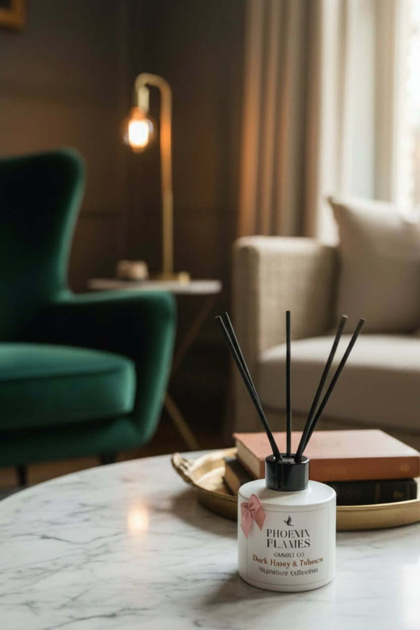 Dark Honey & Tobacco Reed Diffuser on a white marble surface