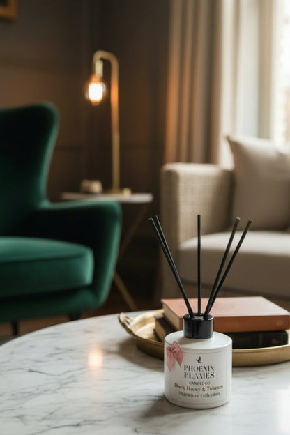 Dark Honey & Tobacco Reed Diffuser on a white marble surface
