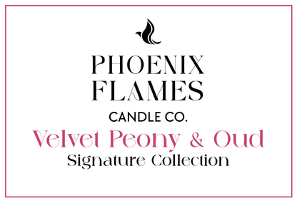Logo of Phoenix Flames Candle Co. with product name 'Velvet Peony & Oud' on a white background
