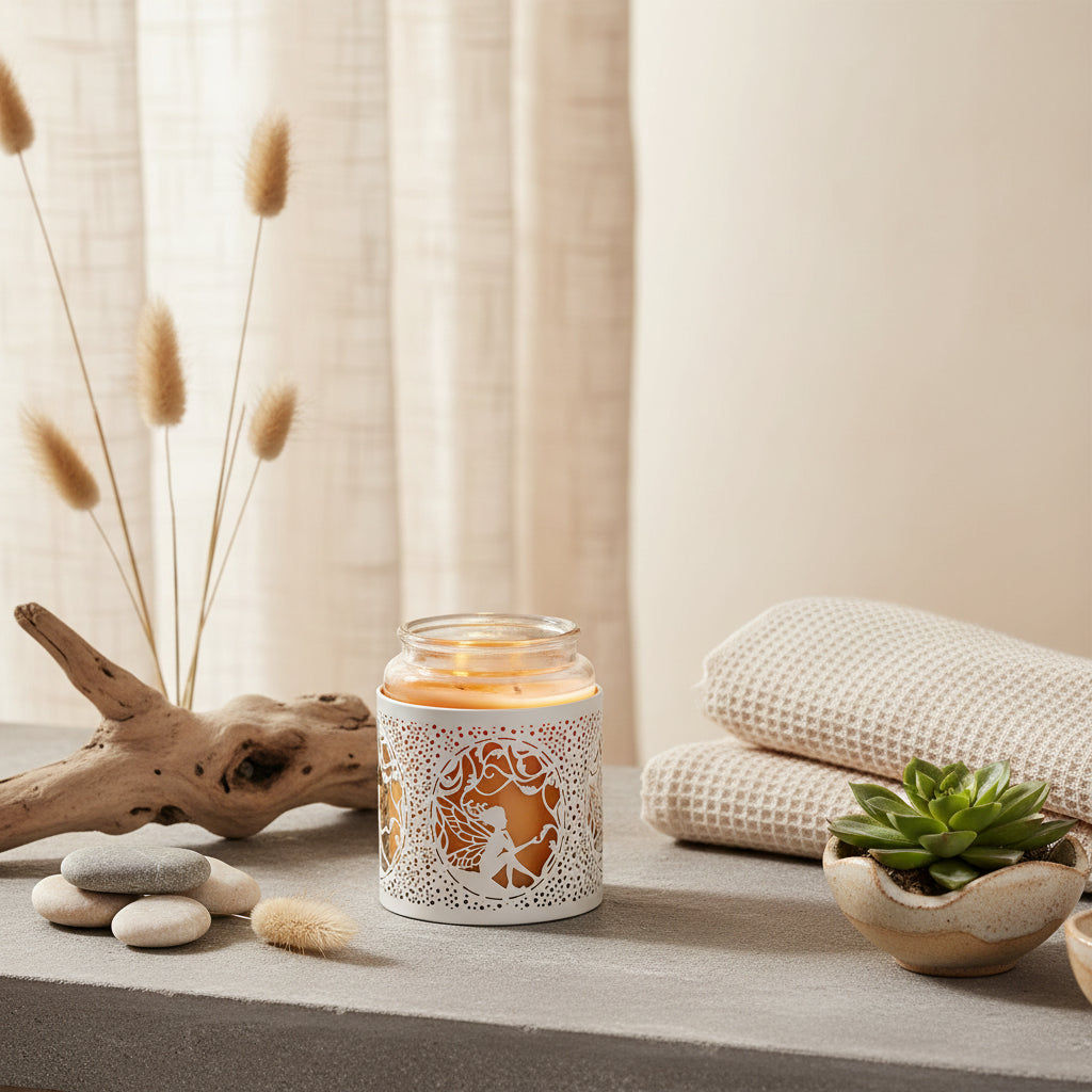 Candle holder with decorative cut-out design featuring a fairy, lit from within 