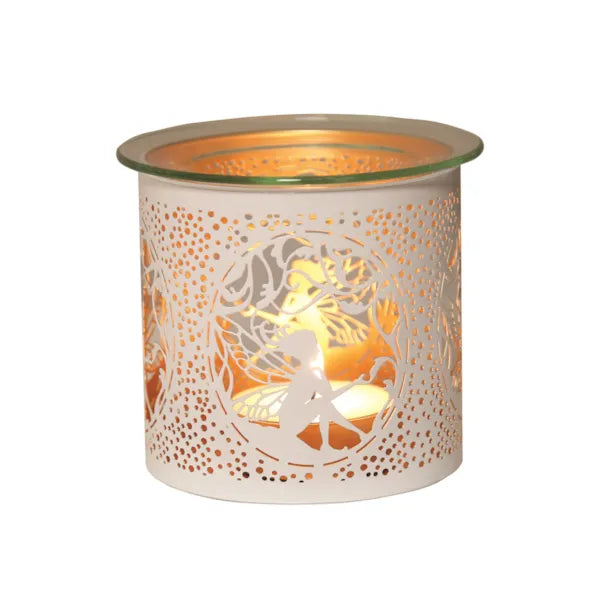Decorative candle holder with cut-out design of a fairy on a white background