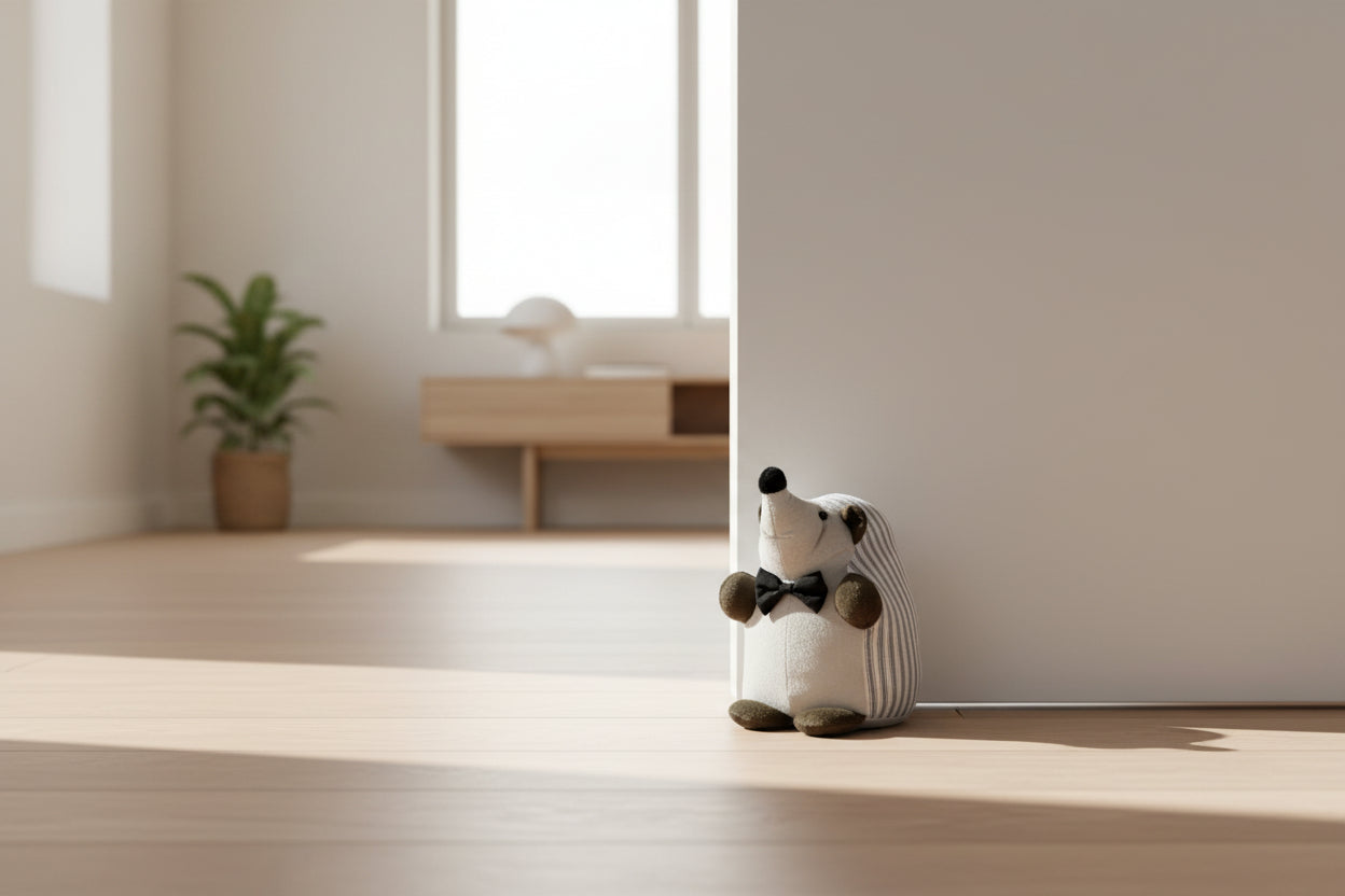 Decorative hedgehog doorstop in a minimalistic room with sunlight streaming through a window.