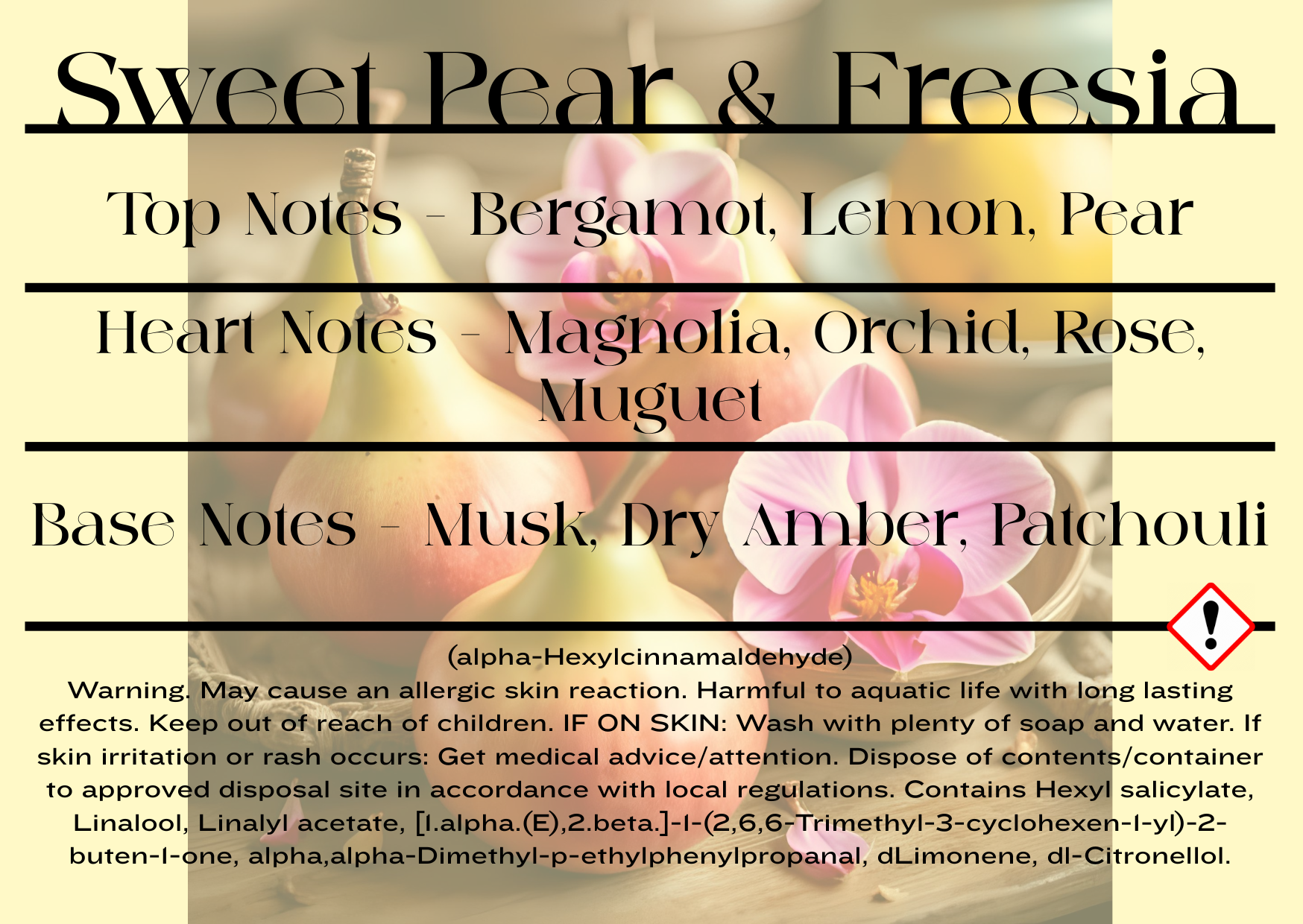 Product label for 'Sweet Pear & Freesia' fragrance with floral imagery and notes listed and CLP information for candles