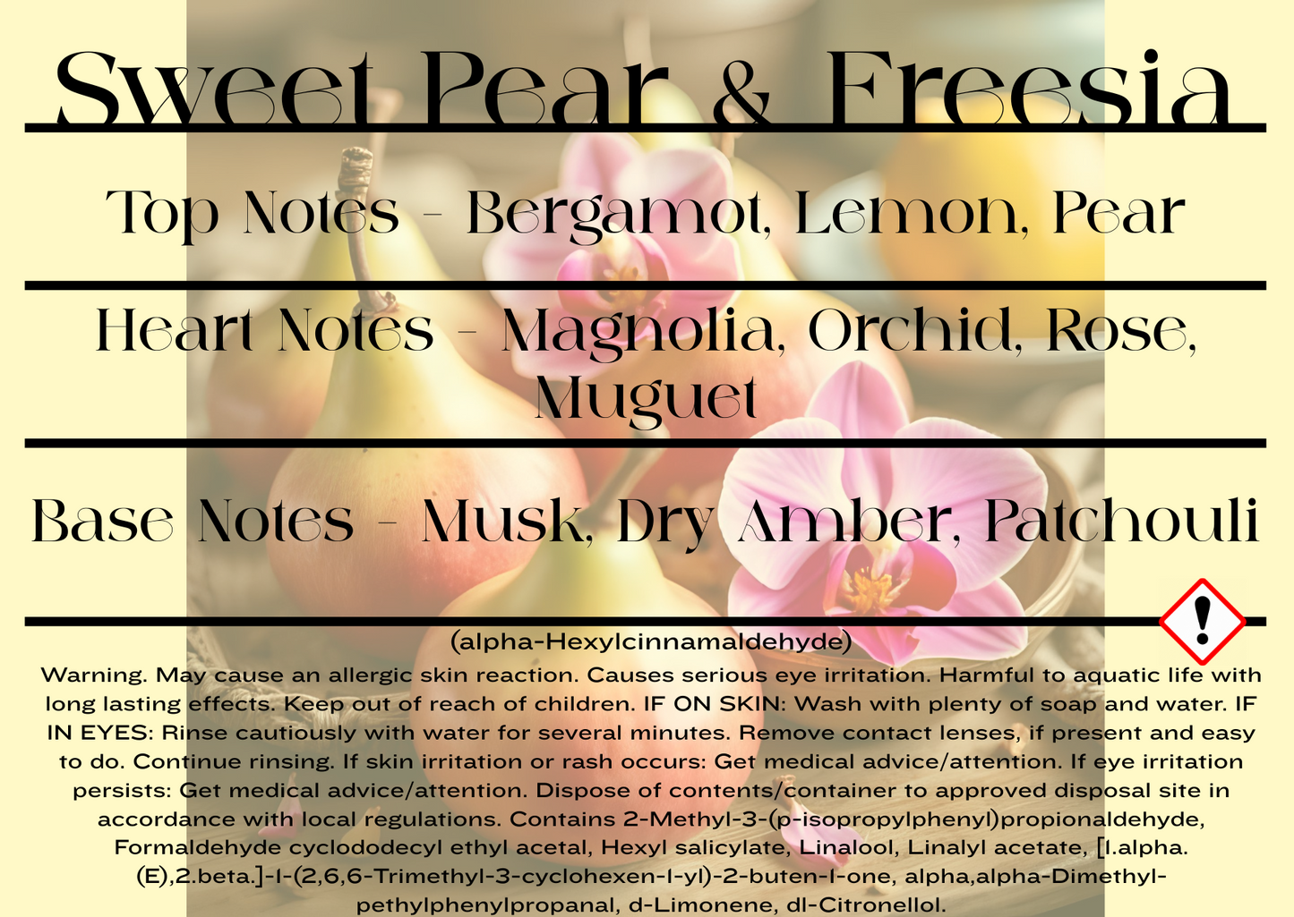 Product label for 'Sweet Pear & Freesia' with floral imagery and fragrance notes and reed diffuser CLP information