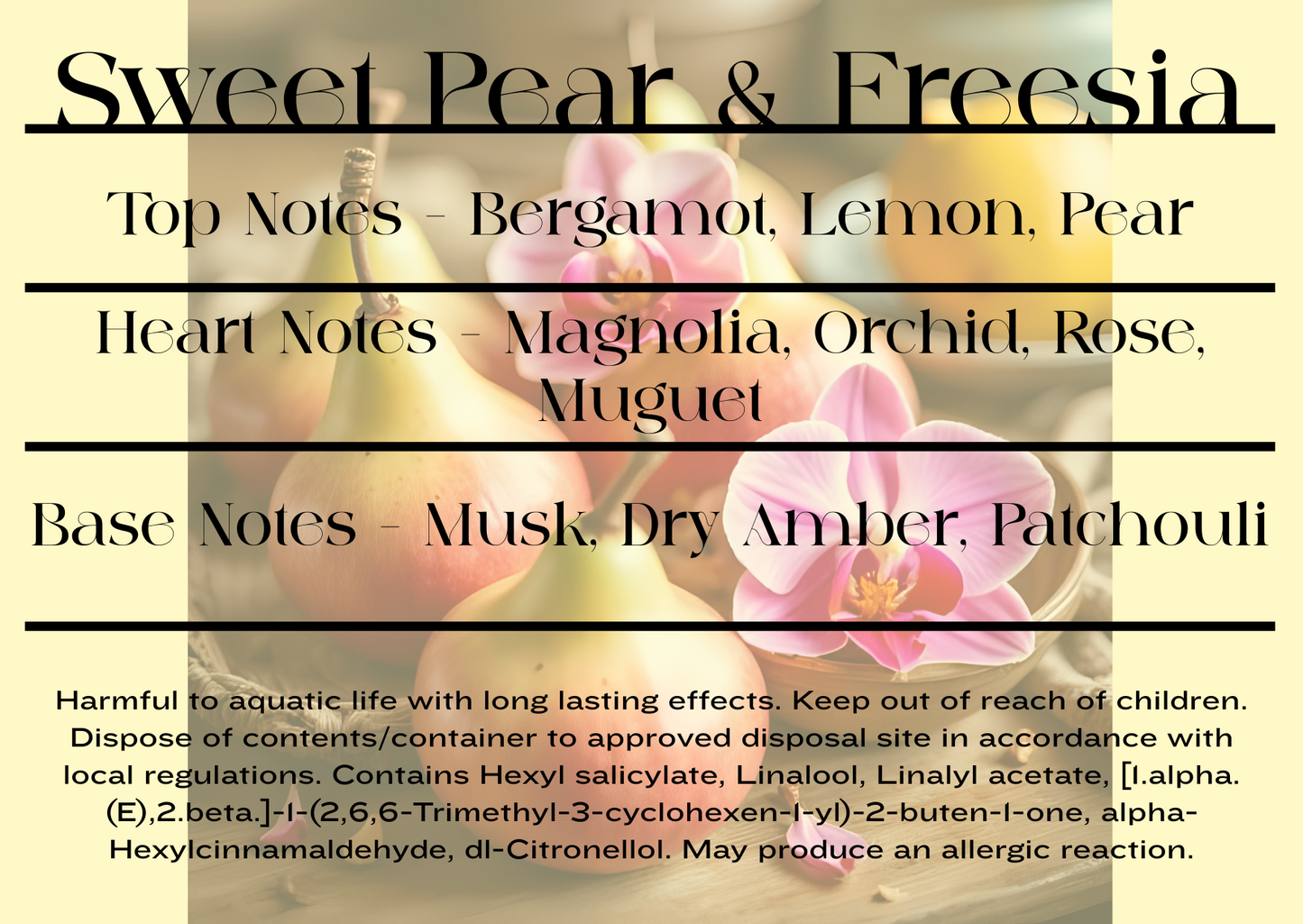 Product label for 'Sweet Pear & Freesia' fragrance with floral imagery and notes listed and mist spray CLP information
