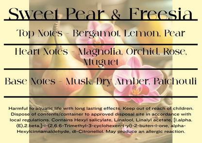 Product label for 'Sweet Pear & Freesia' fragrance with floral imagery and notes listed and mist spray CLP information