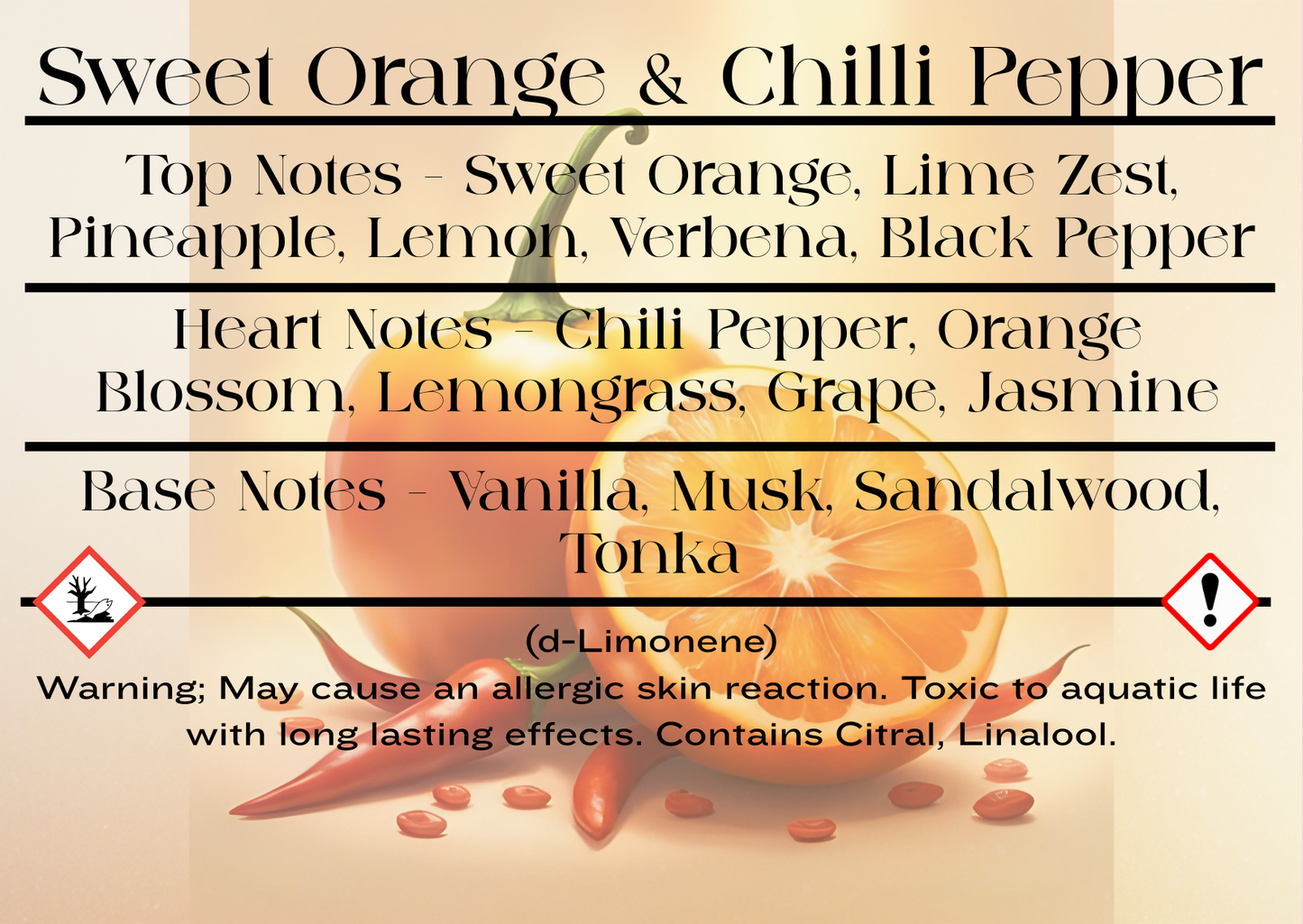 Product label for 'Sweet Orange & Chilli Pepper' fragrance with notes and CLP information