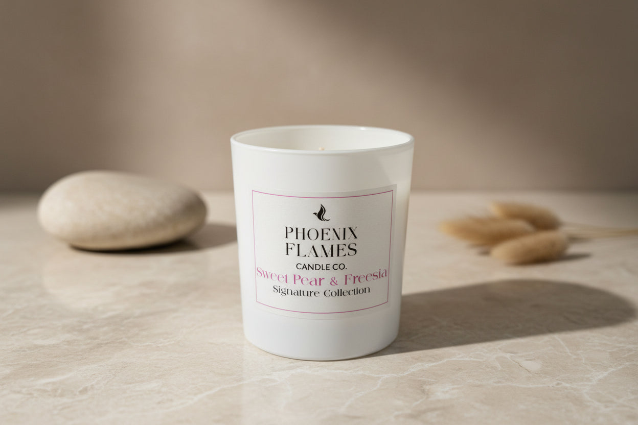 White candle with 'Phoenix Flames Candle Co.' label on a neutral background