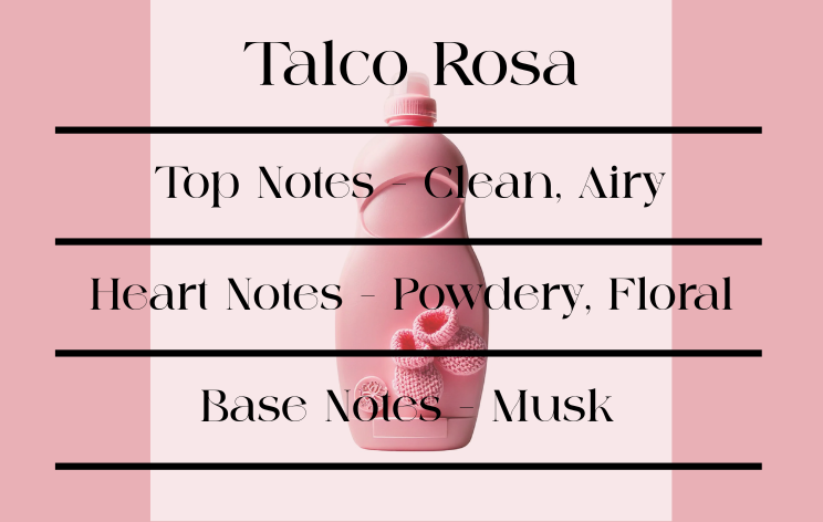Pink bottle with floral design on a pink and white striped background, featuring notes of a fragrance.