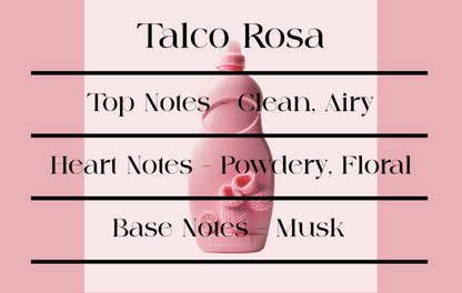 Pink bottle with floral design on a pink and white striped background, featuring notes of a fragrance.