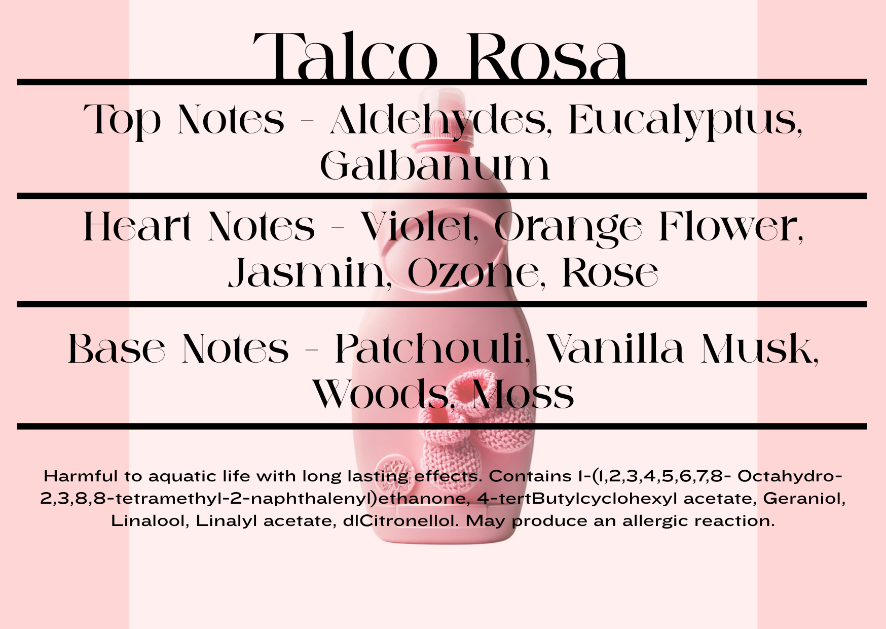 Product label with fragrance notes and CLP information on a pink background