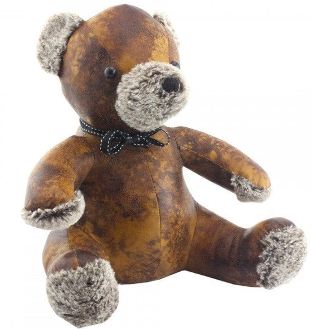 Brown Faux leather teddy bear doorstop on a wooden floor
