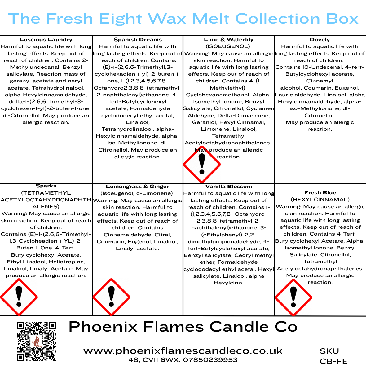 Product label for The Fresh Eight Wax Melt Collection Box with ingredient information and safety warnings.