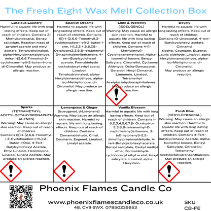 Product label for The Fresh Eight Wax Melt Collection Box with ingredient information and safety warnings.