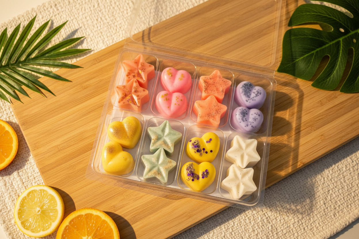 Assorted colourful star-shaped and heart-shaped wax melts in a clear plastic packaging on a wooden surface.