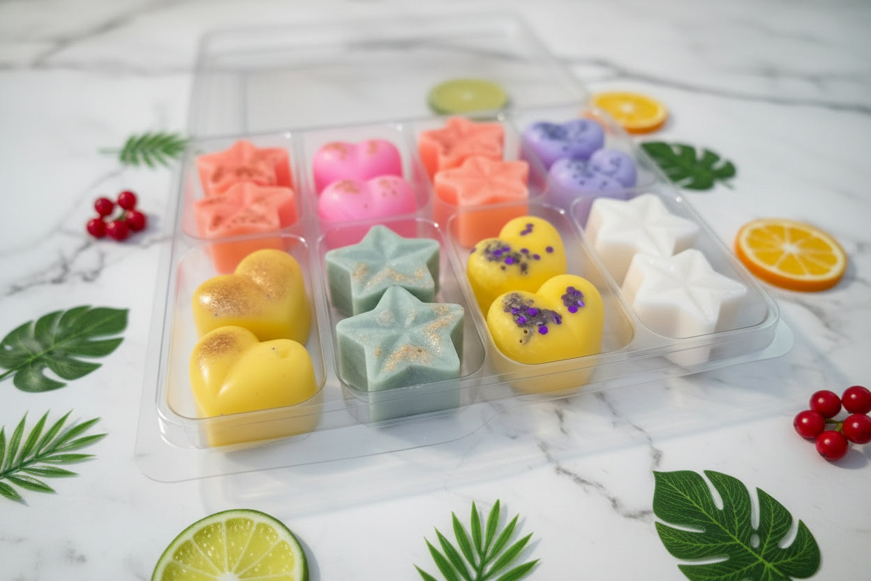 Assorted colourful wax melts in a clear plastic container on a white surface.