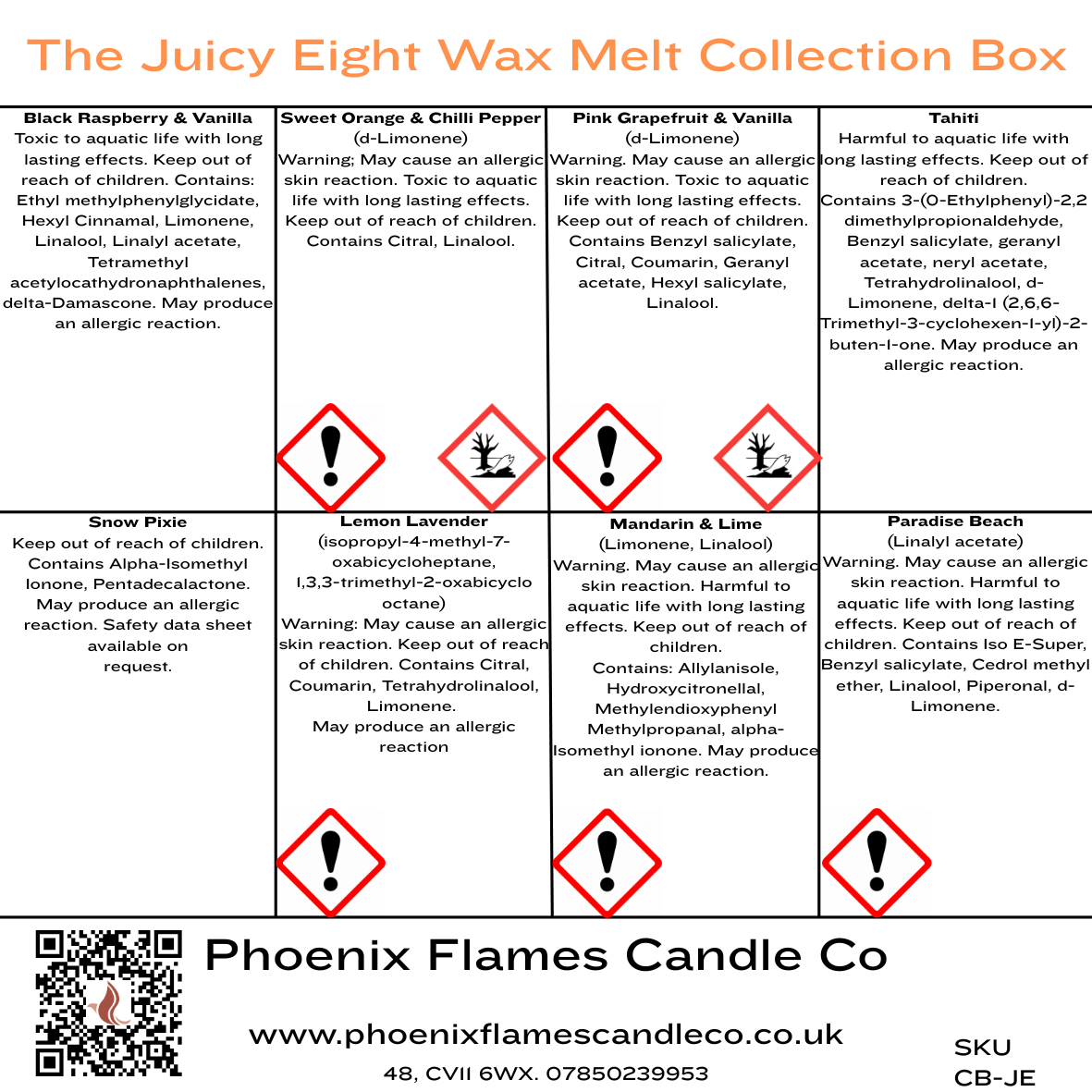 Collection box for The Juicy Eight Wax Melt Collection with product names and warnings.