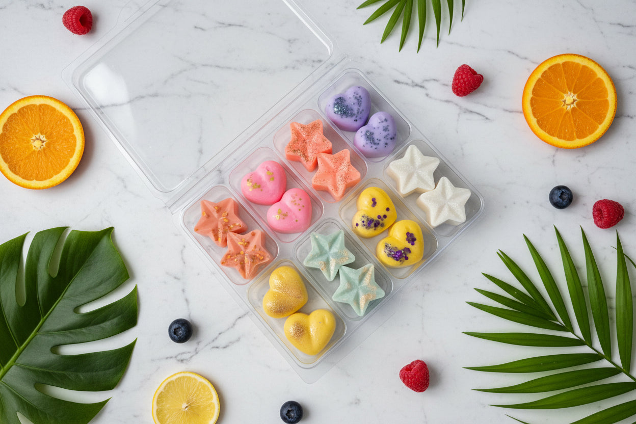Assorted colourful star and heart-shaped wax melts in a clear plastic container on a white surface.