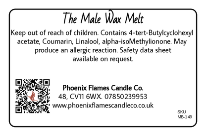 Label for 'The Male Wax Melt' product by Phoenix Flames Candle Co. with safety information and contact details.