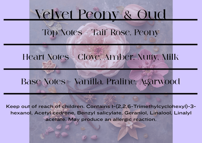 Velvet Peony & Oud scent notes and candle CLP information