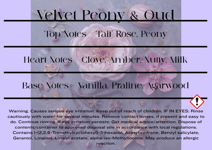Velvet Peony & Oud scent notes and reed diffuser CLP information