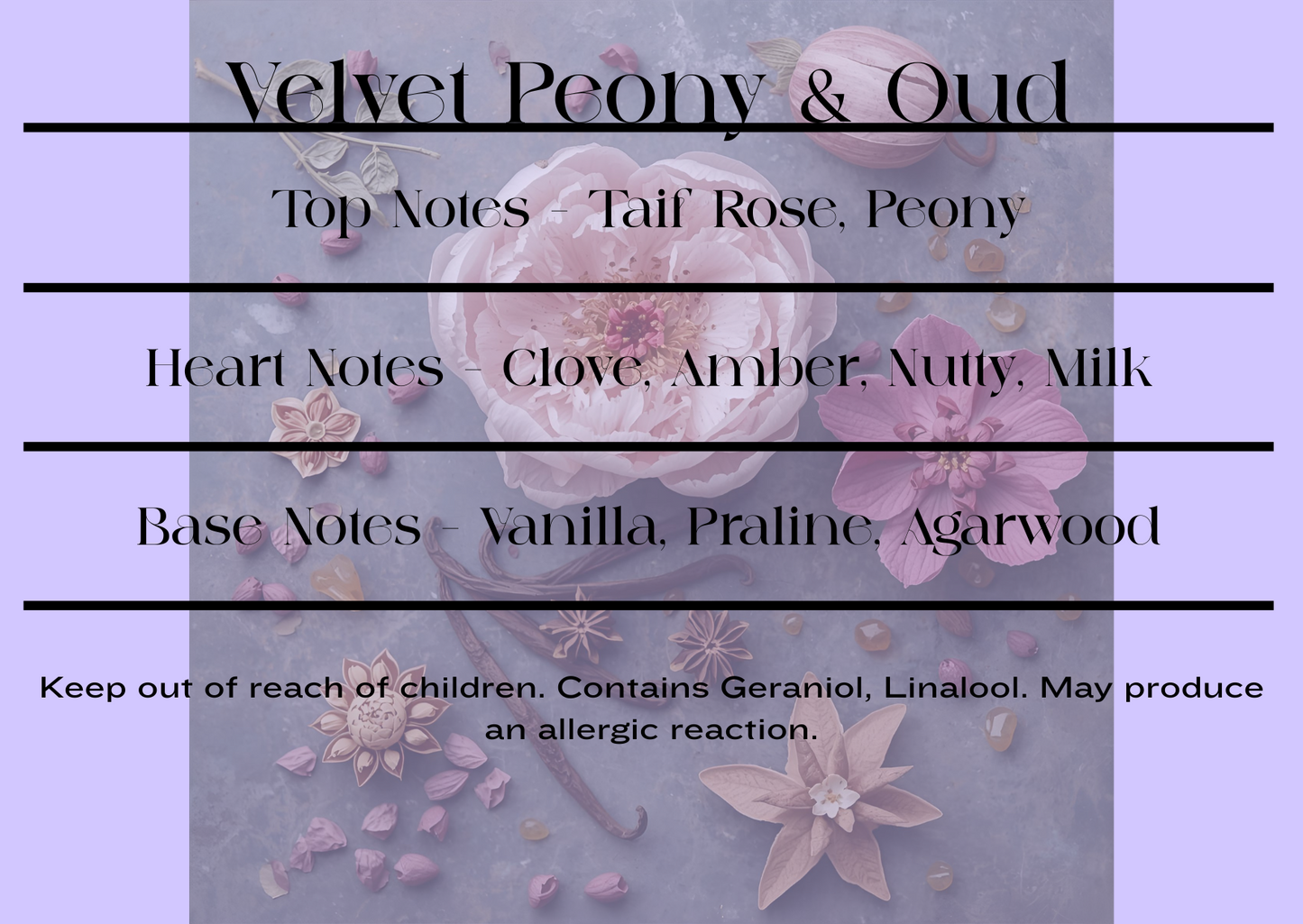 Velvet Peony & Oud scent notes and room mist CLP information