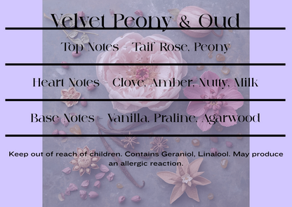 Velvet Peony & Oud scent notes and room mist CLP information