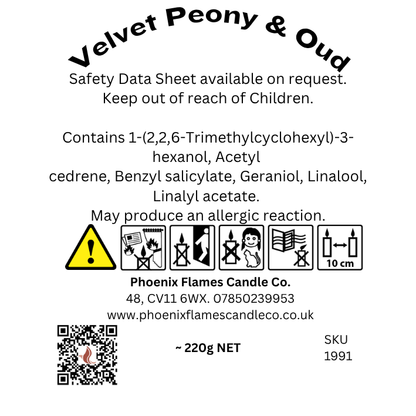 Safety label for 'Velvet Peony & Oud' candle with warning icons and product details.