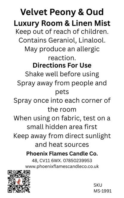 Label for Velvet Peony & Oud Luxury Room & Linen Mist with directions and safety information.