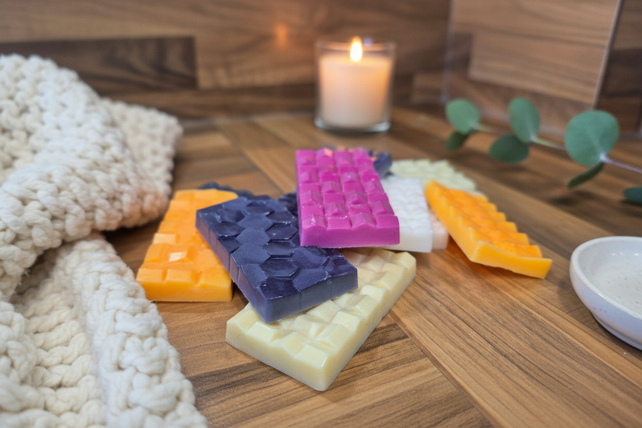 Colourful wax melts on a wooden surface