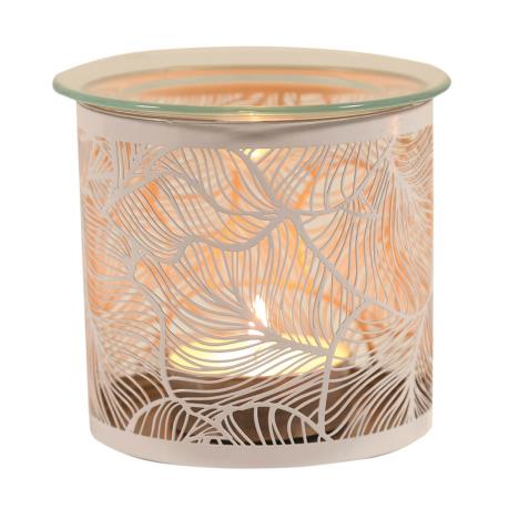 White decorative wax warmer with botanical leaf pattern on a white background